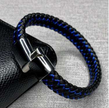 Men's Blue and Black Faux Leather Bracelet
