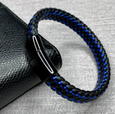 Men's Blue and Black Faux Leather Bracelet