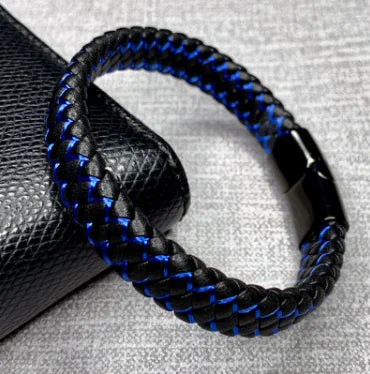 Men's Blue and Black Faux Leather Bracelet