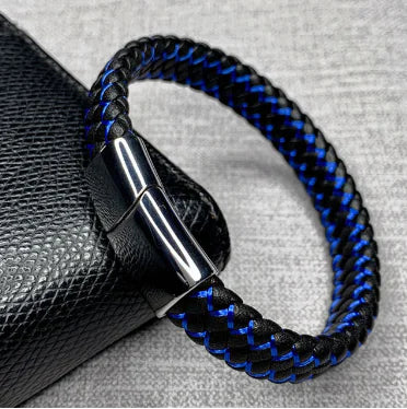 Men's Blue and Black Faux Leather Bracelet