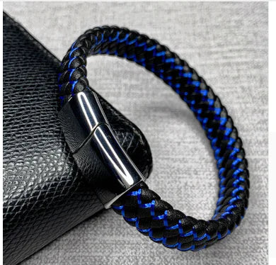 Men's Blue and Black Faux Leather Bracelet