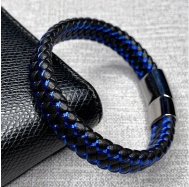 Men's Blue and Black Faux Leather Bracelet