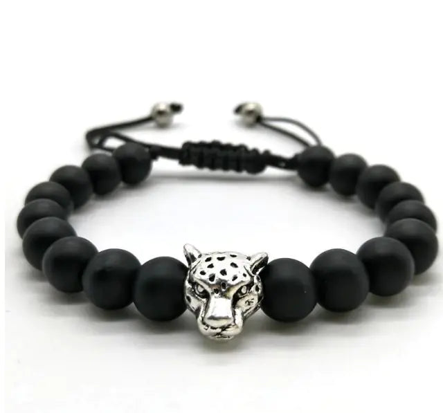 Black Bead Bracelet with Leopard center piece