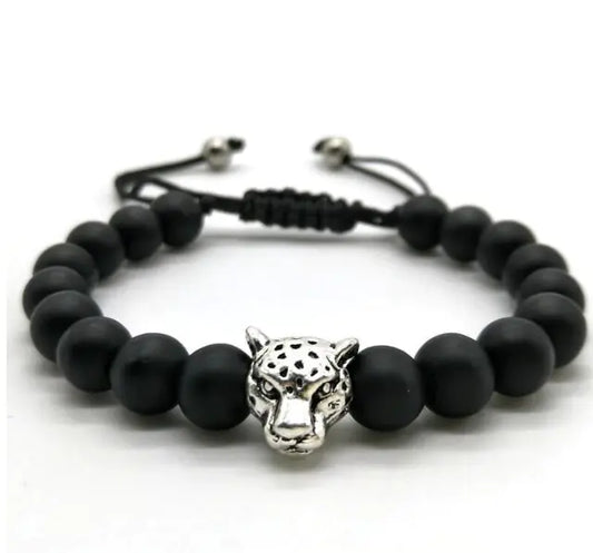 Black Bead Bracelet with Leopard center piece