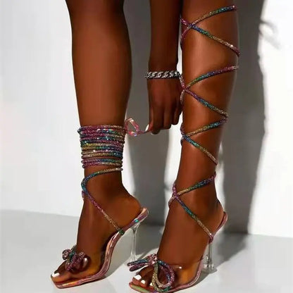 2022 Summer Plus Size Rhinestone Bow High Heels