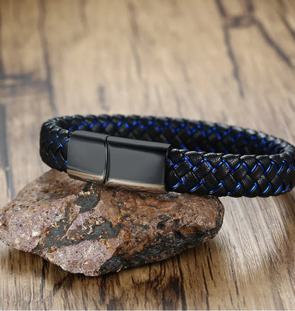 Men's Blue and Black Faux Leather Bracelet