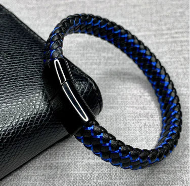 Men's Blue and Black Faux Leather Bracelet
