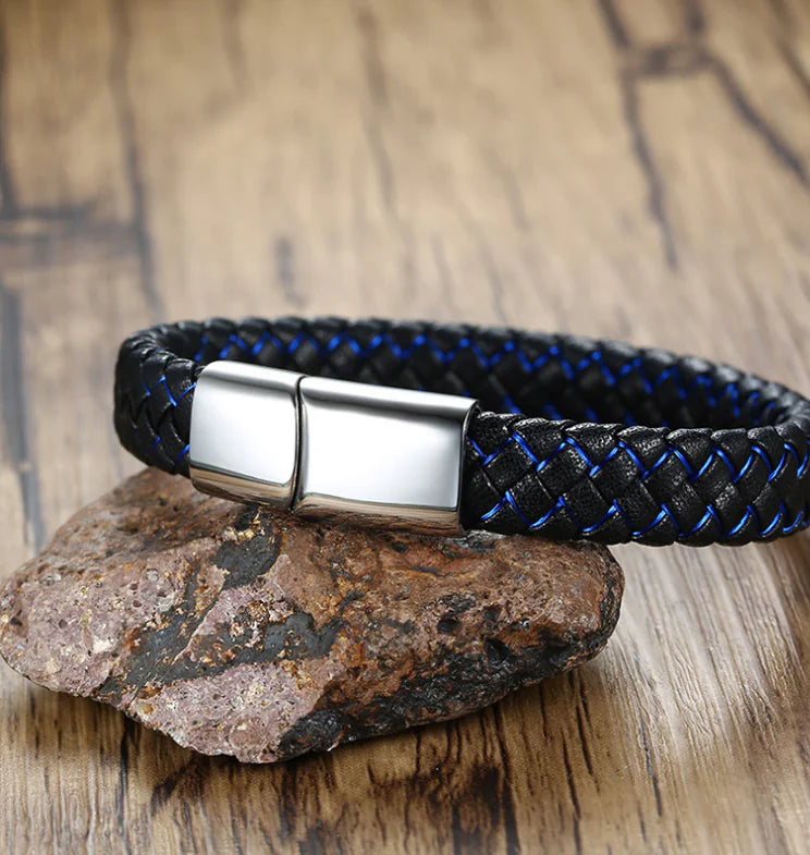 Men's Blue and Black Faux Leather Bracelet