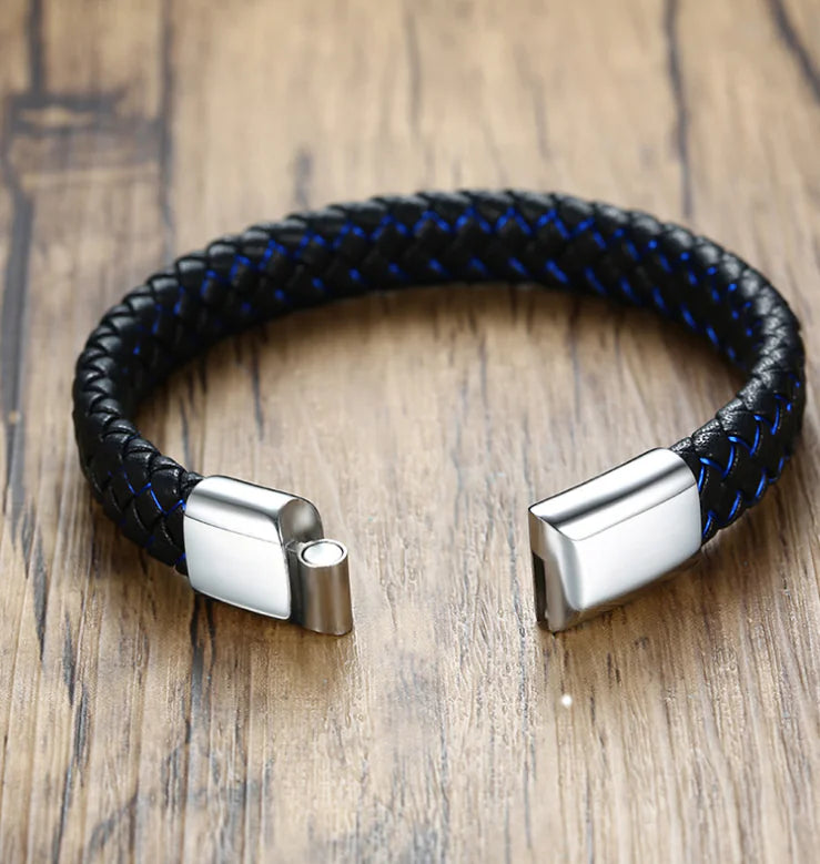 Men's Blue and Black Faux Leather Bracelet