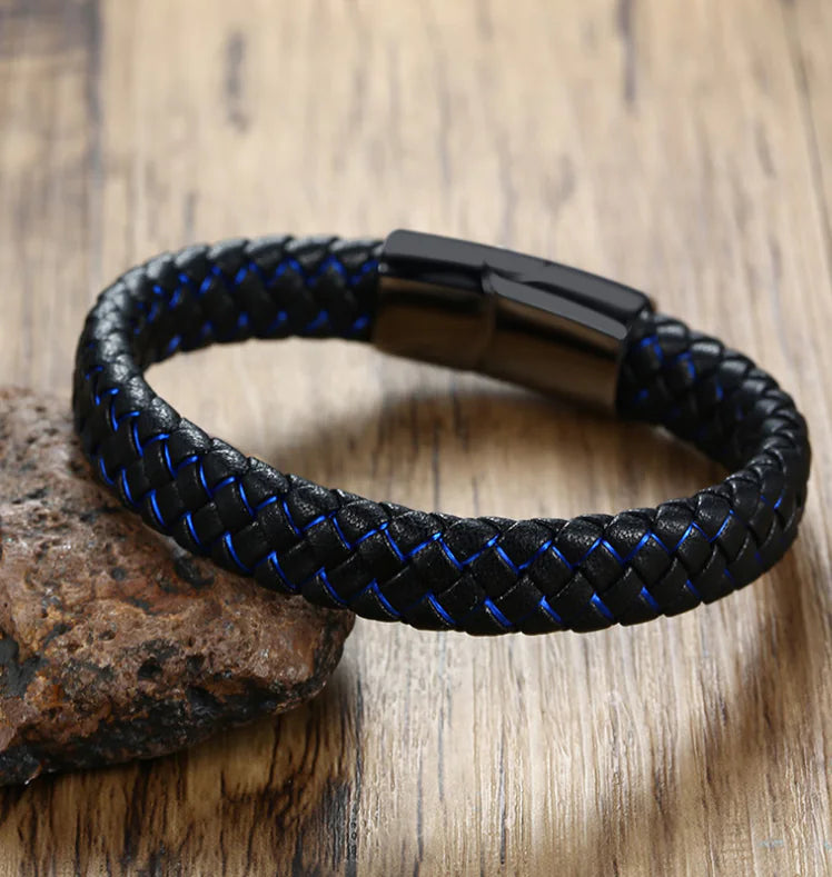 Men's Blue and Black Faux Leather Bracelet