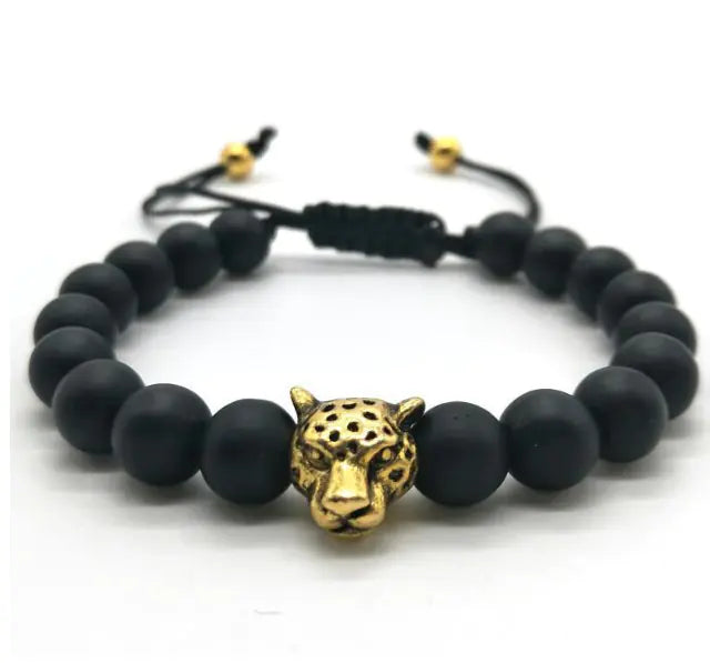 Black Bead Bracelet with Leopard center piece