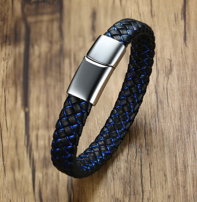 Men's Blue and Black Faux Leather Bracelet