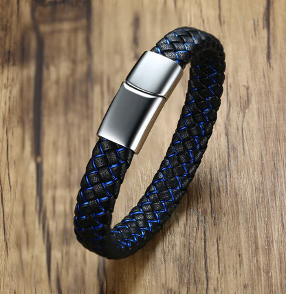 Men's Blue and Black Faux Leather Bracelet