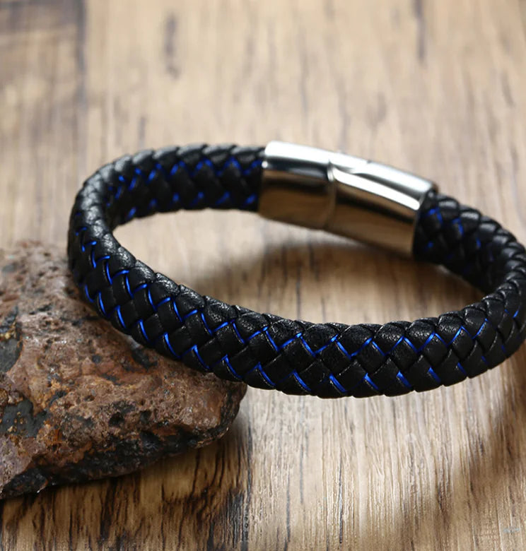Men's Blue and Black Faux Leather Bracelet