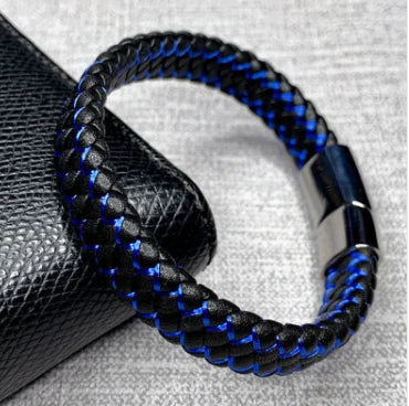 Men's Blue and Black Faux Leather Bracelet
