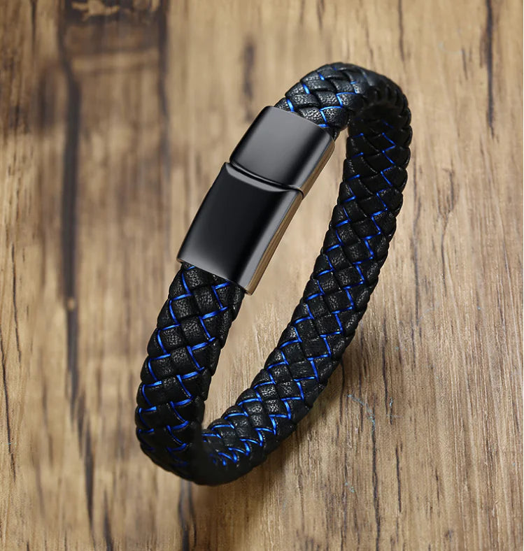 Men's Blue and Black Faux Leather Bracelet