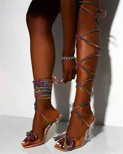 2022 Summer Plus Size Rhinestone Bow High Heels
