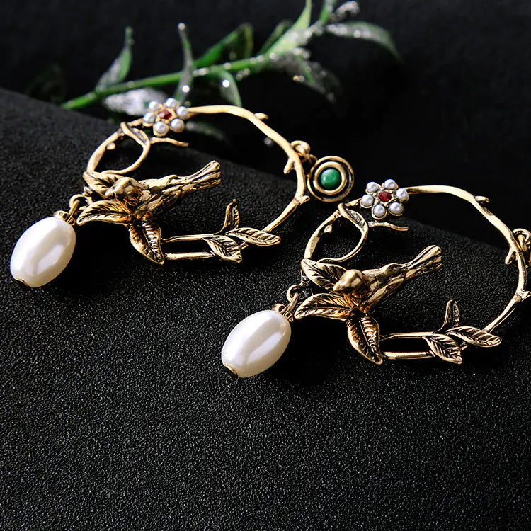 Vintage Elegant Pearl Bird Earrings